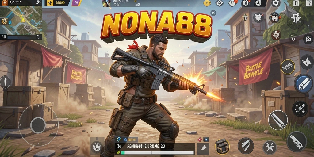 Screenshot gameplay NONA88 menampilkan aksi di medan perang Battle Royale.